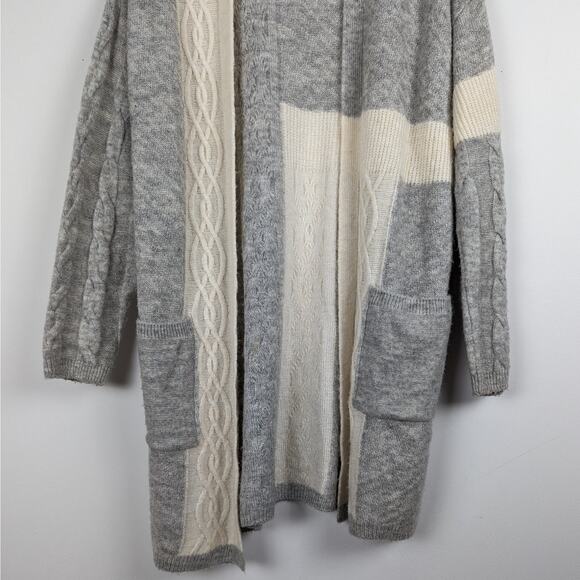 Topshop Light Gray and Cream Cable Knit Open Front Long Cardigan Sweater Size 4 - Picture 6 of 11